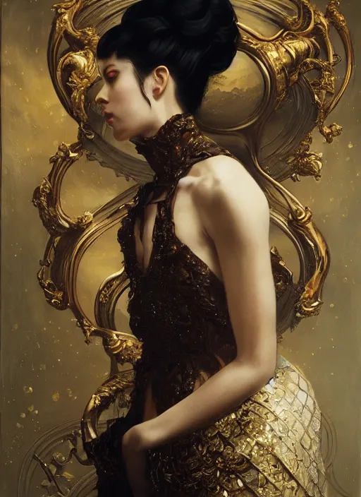 Image similar to highly detailed oil painting | very intricate | cinematic lighting | award - winning | tokyo cityscape fashion by alexander mcqueen | by roberto ferri, by tom bagshaw, by j. c. leyendecker and klimt, american romanticism, by austin osman spare, artstation, cgsociety, official art, octane