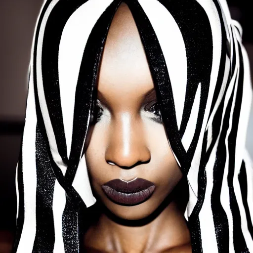 Prompt: Close up of a black female fashion model wearing an edgy black in room of mirrors, photography ,symmetrical, fashion magazine editorial , highly detailed