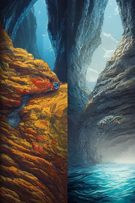 Prompt: fish cliffs, art by matt jefferies and joe doolin, trending on artstation, atmospheric fish eye modernism, realism, film poster, character design, diptych