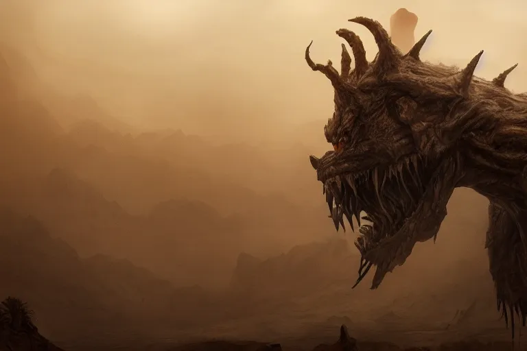 Prompt: looking up at a tall humongous angry monster made of flesh standing tall in the desert, elden ring boss, realism, photo realistic, high quality, misty, hazy, ambient lighting, cinematic lighting, studio quality,