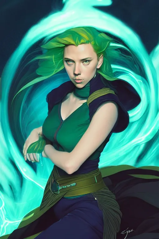 Prompt: style artgerm, joshua middleton, illustration, scarlett johansson as mage wearing green pelt light armor, anime eyes, blue hair, swirling water cosmos, fantasy, dnd, cinematic lighting