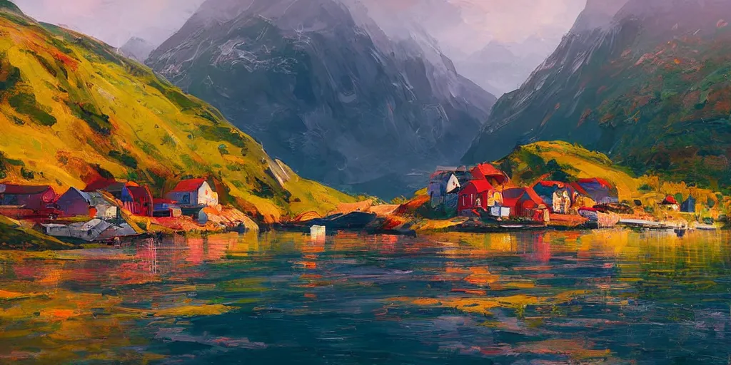 Prompt: a small fishing village nestled in the fjords of norway by alena aenami, petros afshar, colin campbell cooper speedart