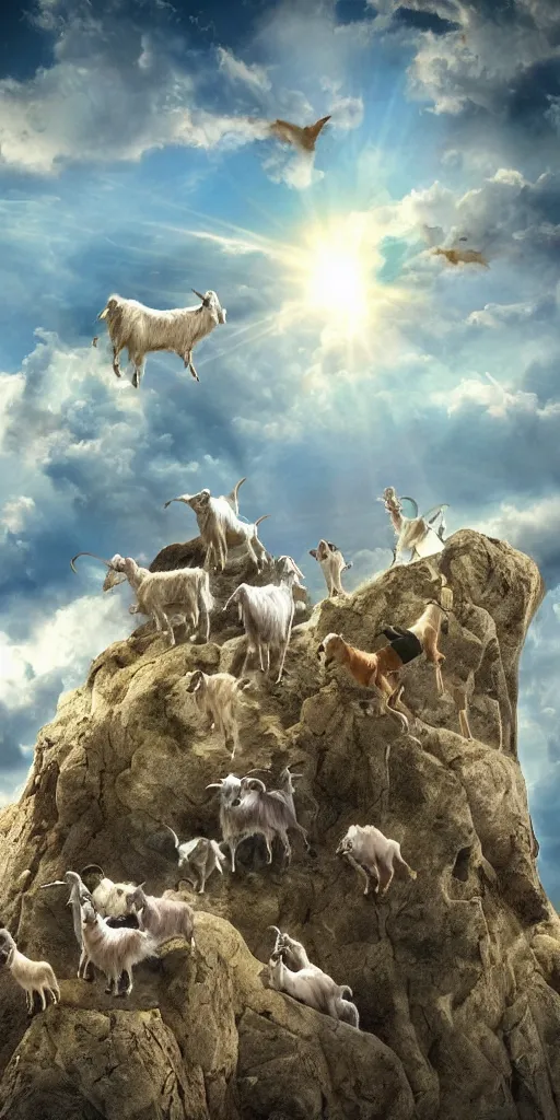 Prompt: a pack of goats climbing a citadel in the sky, beautiful, highly detailed