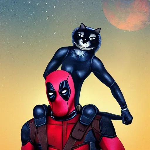 Image similar to illustration of deadpool riding on cat's back in space, trending on artstation