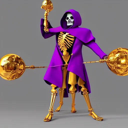 Image similar to a skeleton in a large wide purple robe, golden magical shoulder pads, in a hood, a red magic sphere in his chest, he holds a golden magic staff in his hands, stands next to a golden throne, realism, game quality, 3d render, proportions