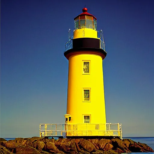 Image similar to an enormous yellow lighthouse by greg rutkoski