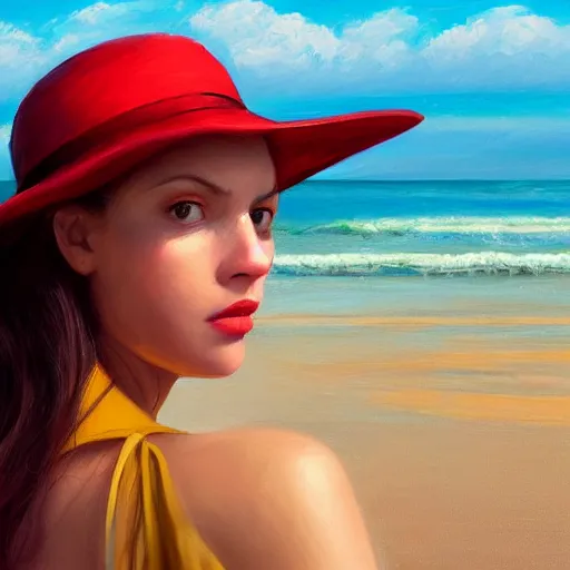 Image similar to beautiful oil matte portrait painting, young woman with red dress and mustard yellow summer hat at a beach on a sunny day, wonderful masterpiece highly detailed, beautiful cinematic light deep focus, elegant, digital painting, smooth, sharp focus, golden ratio, dramatic illumination, ultra realistic, 8 k, art by jimmy law