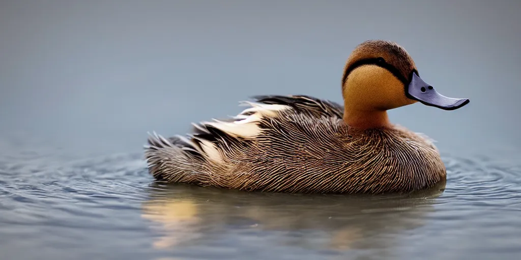 Image similar to A cute duck, realistic, close up, ambient lighting, ultra high detail.