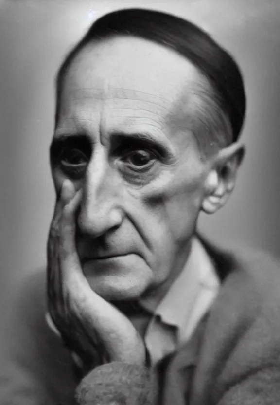 Image similar to a close - up casual photo of marcel duchamp with pensive eyes, 1 9 2 0 s monochrome snapshot, graflex 4 x 5, f 1. 8, 3 5 mm, ilford delta 3 2 0 0 pro