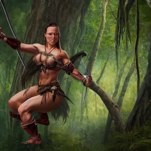 Prompt: a high detail super realistic anatomy strong amazonian woman leaps into the air in the forest to stab a wilderbeast with her sword, concept art, digital art fantasy world 4K high detail