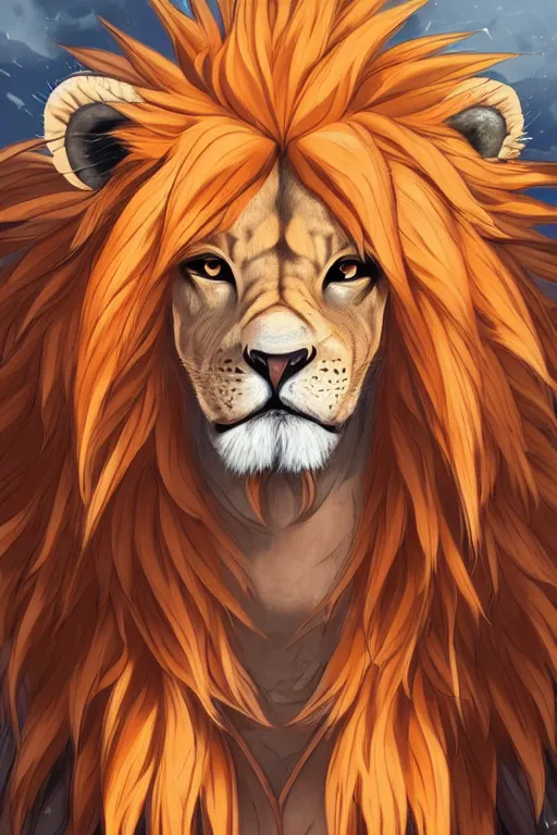 Image similar to portrait of a lion man warrior, fursona, furry art, anthro, light orange fur, detailed long dark orange mane, orange eyes, anime key visual, makoto shinkai