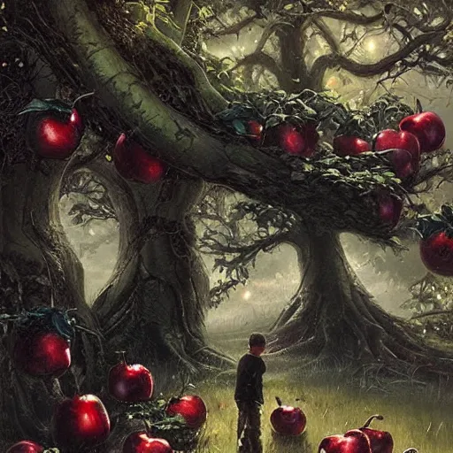 Prompt: a tree with many black colored apples (((leaves))) !!!!!!!black poison apples, painted by rossdraws, greg rutkowski, thomas kindkade