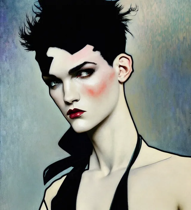 Image similar to stunning portrait of highly details androgynous ruby rose as desire from sandman, rockabilly style, by ego shield, by alphonse mucha, by jeremy mann, by peter lindbergh, dave mckean, by maurice sapiro, by frank moth, white suit and black tie, soft lightning, high detailed, 8 k