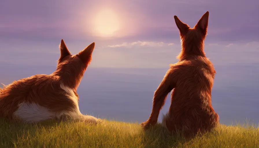 Image similar to back view of a dog watching the sun sitting on the hill, hyperdetailed, artstation, cgsociety, 8 k