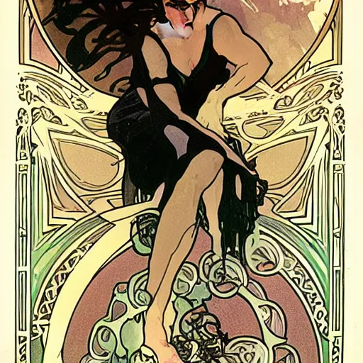 Prompt: Illustration by Alphonse Mucha of catwoman