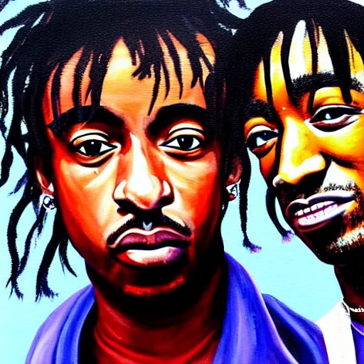 Prompt: a painting of playboi carti and lil uzi vert standing on a truck by damon albarn, cel shaded, dynamic perspective, detailed facial features, rounded eyes, low light