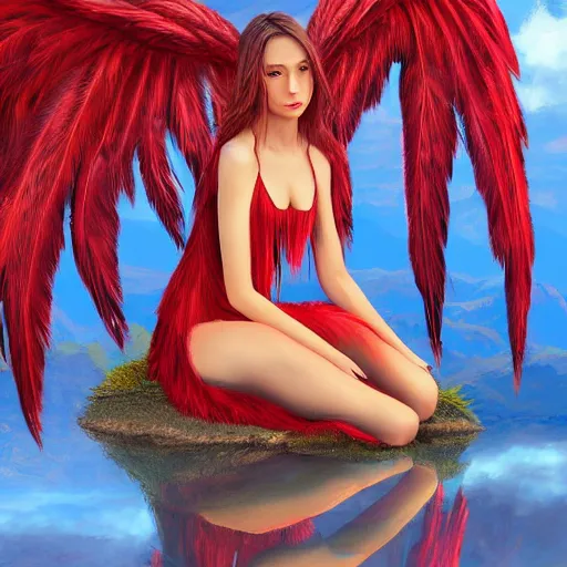 Prompt: harpy, red feathered wings, bird legs, young woman, wearing Inka clothes, sad expression, sitting at a pond, mountainous area, trees in the background, trending on artstation