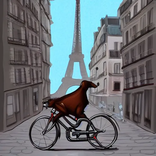 Prompt: artstation digital illustration, a dog riding a bike in paris