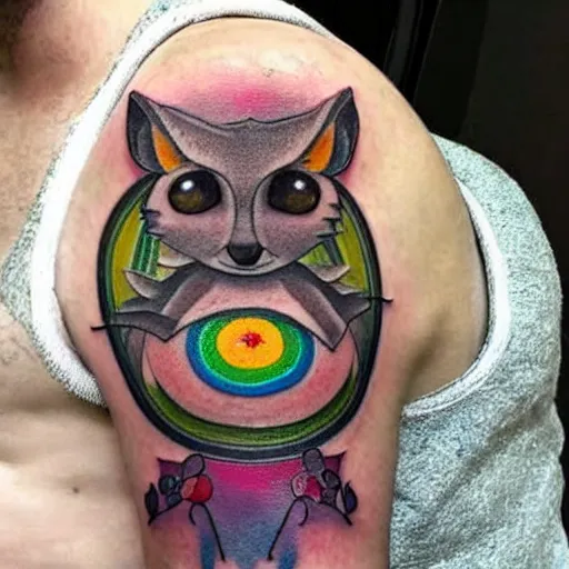 Prompt: shoulder tattoo of a multicolored trippy furry bushbaby with rainbow colored spiral eyes, surrounded with colorful shrooms and flowers, insanely integrate