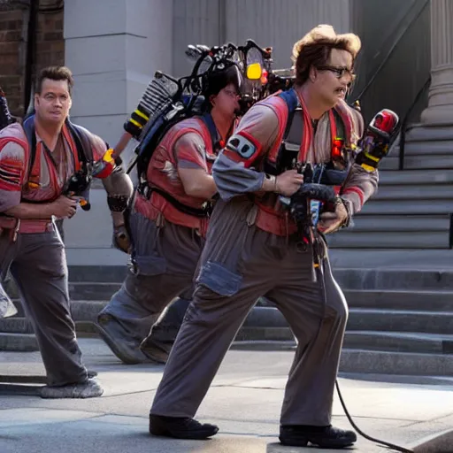 Prompt: Johnny Depp playing a Ghostbuster in the movie Ghostbusters 8k hdr movie still
