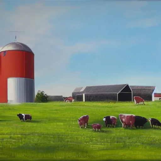 Image similar to exterior view of modern futuristic farm barn architecture, silo, feed troughs, cows, pigs, chickens, detailed luminescent oil painting 4 k