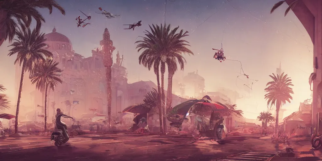 Image similar to Cyberpunky Marrakech, palm tree, Flying vehicles ,Moroccan mosque ,WLOP, James Jean, tom bagshaw, rococo, neon lights ,trending on artstation, fantasy, intricate, elegant, highly detailed, digital painting, concept art, smooth, illustration, cinematic lighting, hyper realism, octane render, 8k, hyper detailed.