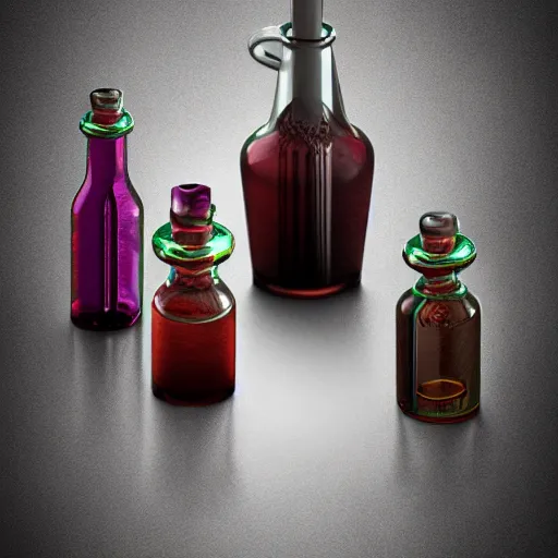 Image similar to A set of fantasy potion bottles full of swirling liquid, octane render, trending on artstation