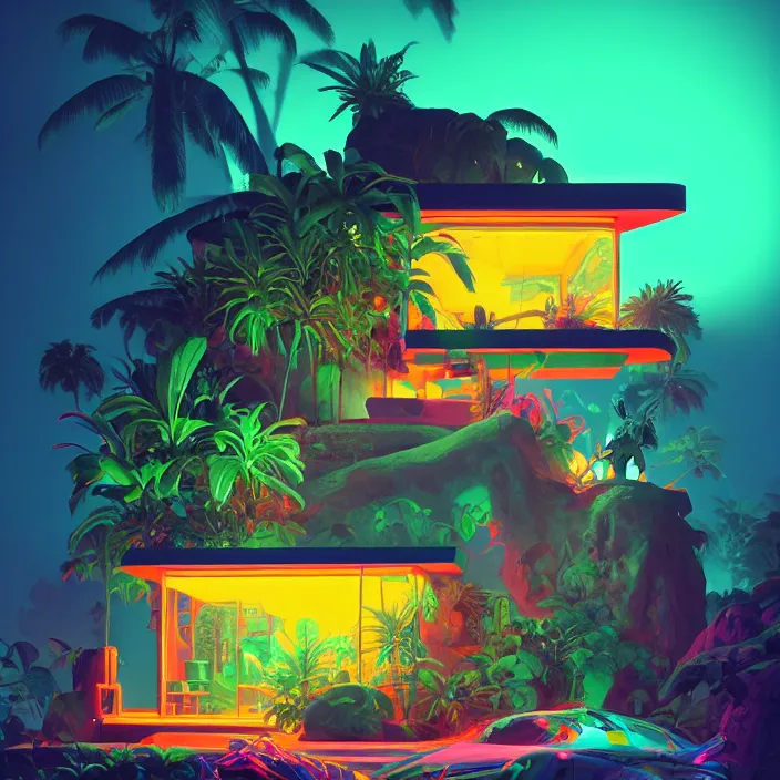 Image similar to a bioluminescent neon tropical cottage by paolo eleuteri serpieri and tomer hanuka and chesley bonestell and daniel merriam and tomokazu matsuyama, unreal engine, high resolution render, featured on artstation, octane, 8 k, highly intricate details, vivid colors, vector illustration