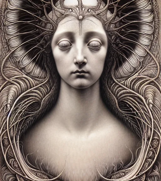 Prompt: detailed realistic beautiful thistle goddess face portrait by jean delville, gustave dore, iris van herpen and marco mazzoni, art forms of nature by ernst haeckel, art nouveau, symbolist, visionary, gothic, neo - gothic, pre - raphaelite, fractal lace, intricate alien botanicals, biodiversity, surreality, hyperdetailed ultrasharp octane render