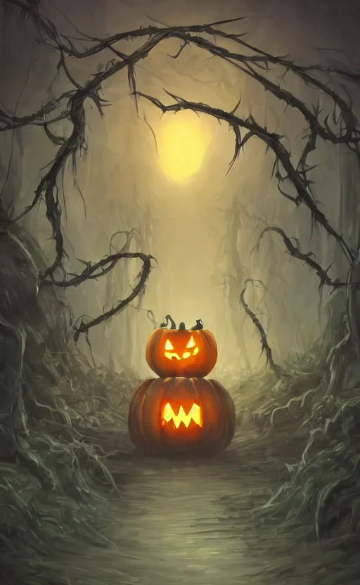 Image similar to fantasy monster concept art, a jack o lantern monster with vines for a body walking down a street of nightmares, dynamic lighting, photorealistic, trending on art station, stunning visuals, creative, cinematic, ultra detailed, atmospherical, ambient lighting, scary art, eery art