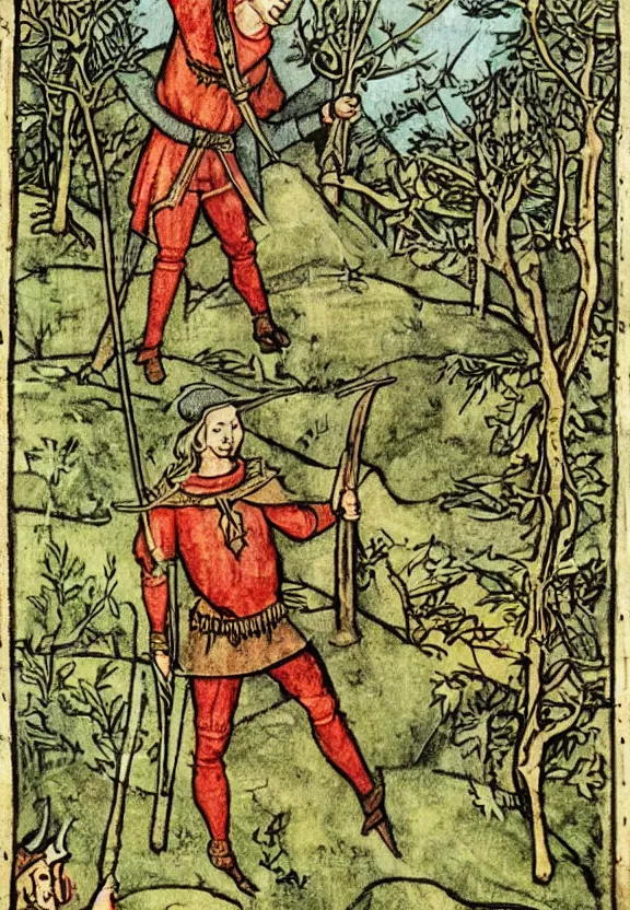 Prompt: Clear medieval illustration of Robin Hood and the merry men in the forest