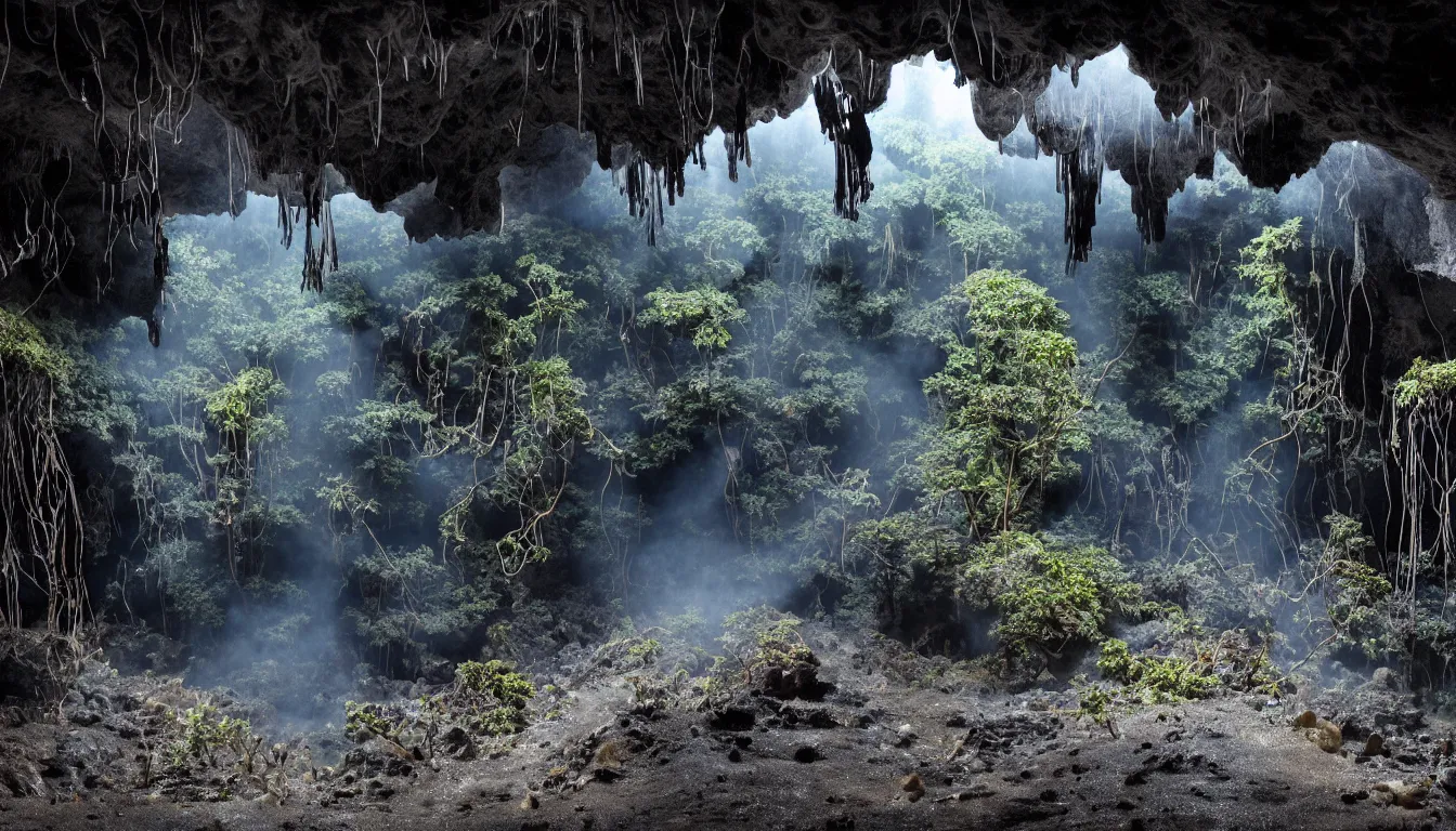 Prompt: inside huge dark wet cave looking out with growing fungal mycelium biodiversity all round , futuristic cities emerge in between the rock formations, deep boiling pools of water reflecting the surfaces around them spraying steam high into the air , dramatic dusk illuminates areas and cast strong shadows, volumetric light through the boiling mist ,detailed entangled fibres carpet the fallen rocks , tree roots puncture and crack rocks , stormy clouds gather in the distance ,emerging hands and an ancient male bearded face , Hundreds of humans , emerging hands and beautiful women’s and men screaming laughing and crying face , full colour , upscale , 4k