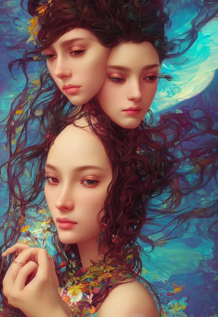 Prompt: beautiful, young woman, detailed gorgeous face, sad eyes, crying, vaporwave aesthetic, synthwave, colorful, psychedelic, artstation, concept art, smooth, extremely sharp detail, finely tuned detail, ultra high definition, 8 k, unreal engine 5, ultra sharp focus, illustration, art by artgerm and greg rutkowski and alphonse mucha