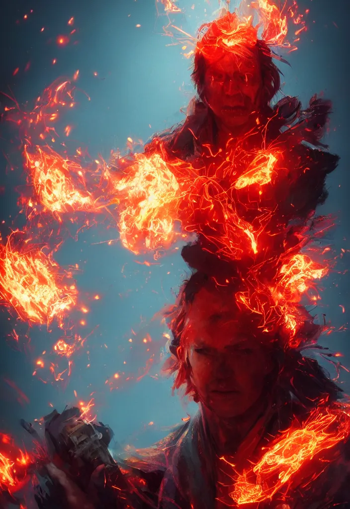 Image similar to a fancy portrait of a very mad mage covered in coloured flames by greg rutkowski, sung choi, mitchell mohrhauser, maciej kuciara, johnson ting, maxim verehin, peter konig, 8 k photorealistic, cinematic lighting, hd, high details,