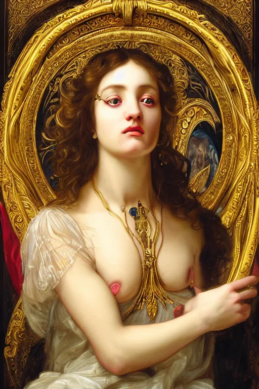 Image similar to hyper realistic painting portrait of the lord of time, occult diagram, elaborate details, rococo, baroque, gothic, intrincate ornaments, gold decoration, caligraphy, occult art, illuminated manuscript, oil painting, art noveau, in the style of roberto ferri, gustav moreau, waterhouse - c 9