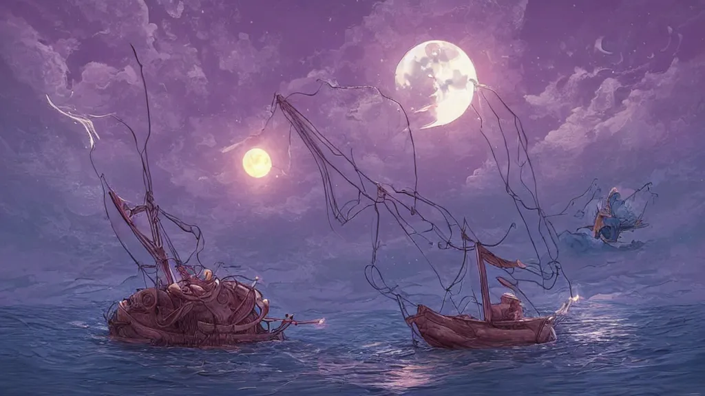 Prompt: a giant!!!! anglerfish!!!! at the surface of the water meets a lantern - holding!!!! sailor!!!! on a ( sloop ), ( background with large full moon and purple sky ), in the styles of tom coletti, jorge jacinto, and thomas veyrat intricate, accurate details
