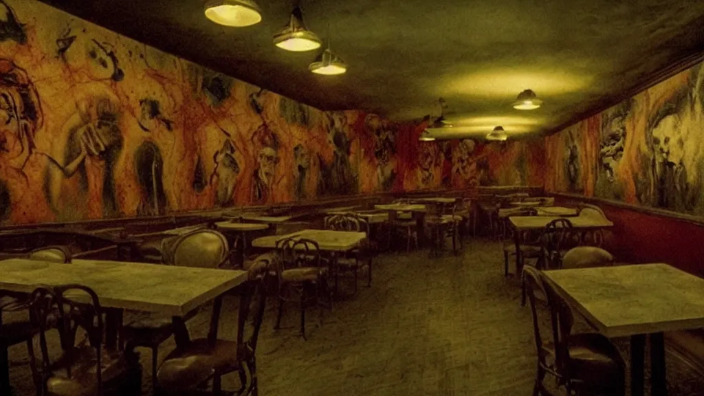 Image similar to the haunted fast food restaurant, film still from the movie directed by denis villeneuve and david cronenberg with art direction by salvador dali and zdzisław beksinski, wide lens