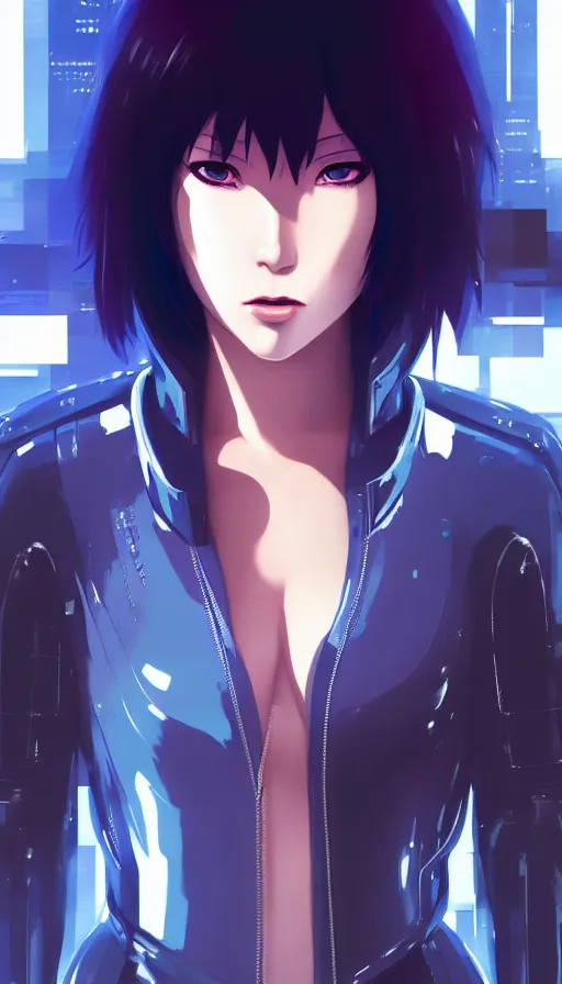 Image similar to a still fullbody portrait of motoko kusanagi ghost in the shell, finely detailed features, closeup at the faces, perfect art, at a cyberpunk city, gapmoe yandere grimdark, trending on pixiv fanbox, by ilya kuvshinov, rossdraws, artgerm