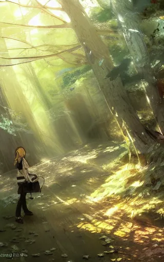 Image similar to anime character in the woods, hyperrealistic, trending on pixiv fanbox, painted by greg rutkowski makoto shinkai takashi takeuchi studio ghibli, akihiko yoshida