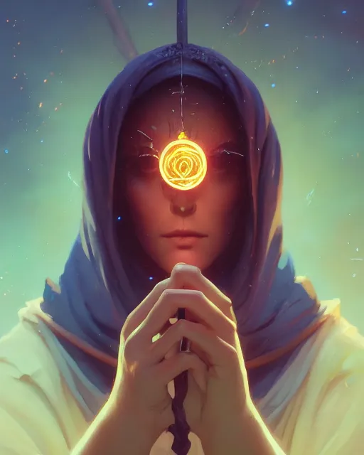 Image similar to highly detailed vfx portrait a mage casting a spell, stephen bliss, unreal engine, sigils greg rutkowski, loish, rhads, beeple, makoto shinkai and lois van baarle, ilya kuvshinov, rossdraws, tom bagshaw, alphonse mucha, global illumination, detailed and intricate environment