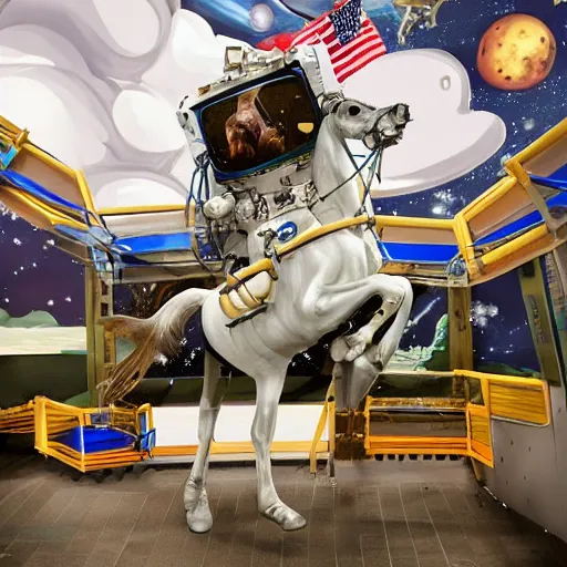 Image similar to the horse sat right on top of the astronaut rides him into space - i