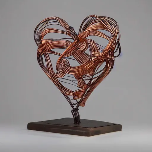 Image similar to a very beautiful tiny ( ( ( ( human heart ) ) ) )!!!!!!!!!!!!!!!!!!!!!!!!! organic sculpture made of copper wire and threaded pipes, very intricate, curved. studio lighting, high resolution, high quality, black background