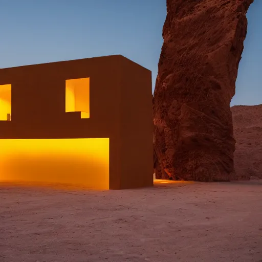 Image similar to optical illusion architecture in the desert at night, open space architecture, minimalistic architecture, neon light, james turrel,