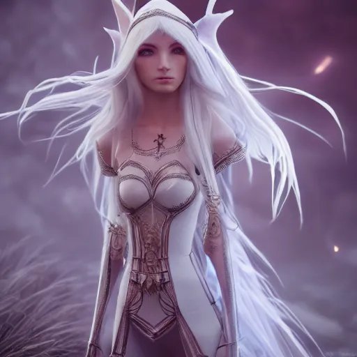 Image similar to a highly detailed elf in full length, with white long hair, white clothes, bright blue eyes, artstation, DeviantArt, professional, octane render