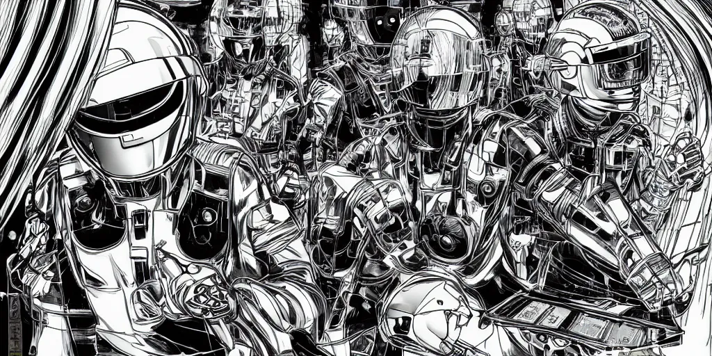 Image similar to detailed manga artwork of 2 Daft Punk robot rock using Apple notebook Macbook at an underground warehouse rave in Ibiza, playing techno house music, thousands of beautiful girls in bikini dancing, in the style of manga illustration, wires, speakers, trending on artstation