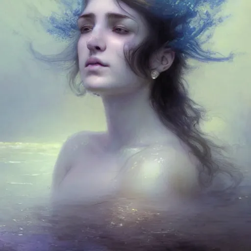 Image similar to dreams of the fae, papery flaking skin, with different colored eyes and flowing hair underwater, three-quarters portrait, intricate, elegant, sharp focus, illustration, highly detailed, digital painting, concept art, matte, by Aleksi Briclot and by Ivan Aivazovsky and by Greg Rutkowski, artgerm, wlop, masterpiece, art nouveau, baroque, fauvism