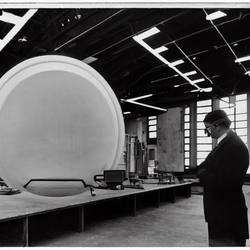 Image similar to scientist studying a sleek black simplistic oval spacecraft in a warehouse, 1 9 2 0's sci - fi, black and white, 8 k, highly ornate intricate details, extreme detail,