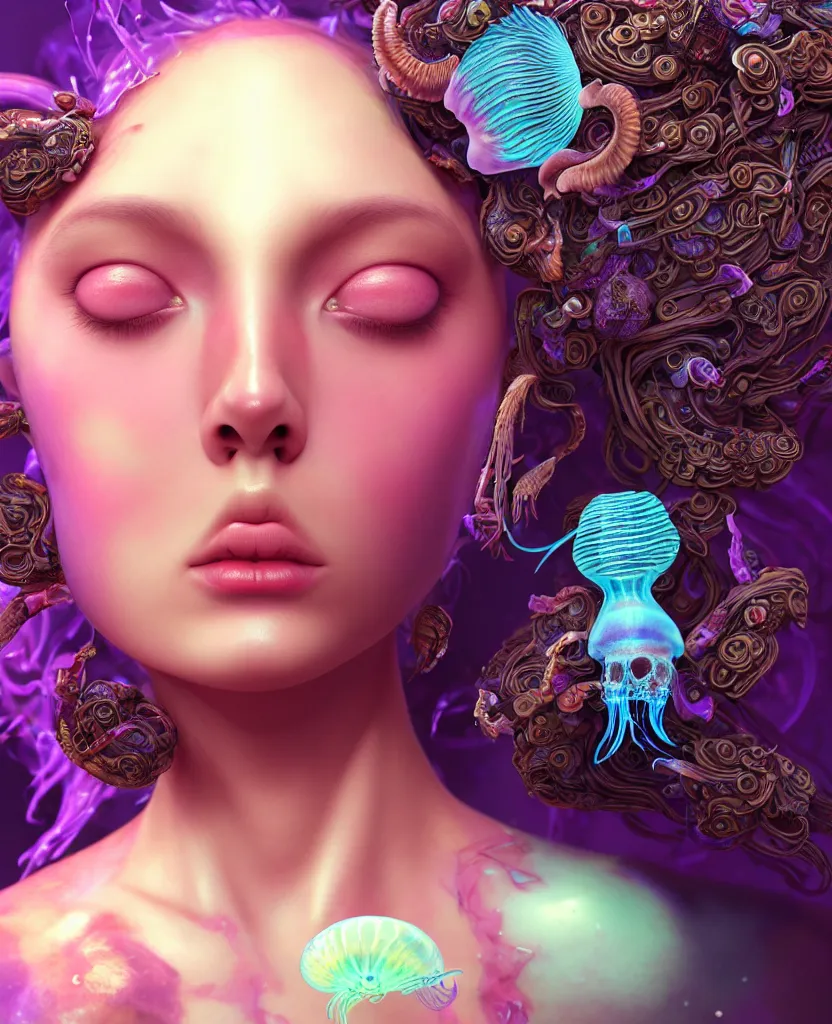 Image similar to goddess princess beautiful woman face close-up portrait ram skull. jellyfish phoenix head, nautilus, orchid, skull, betta fish, bioluminiscent creatures, intricate artwork by Tooth Wu and wlop and beeple. octane render, trending on artstation, greg rutkowski very coherent symmetrical artwork. cinematic, hyper realism, high detail, octane render, 8k