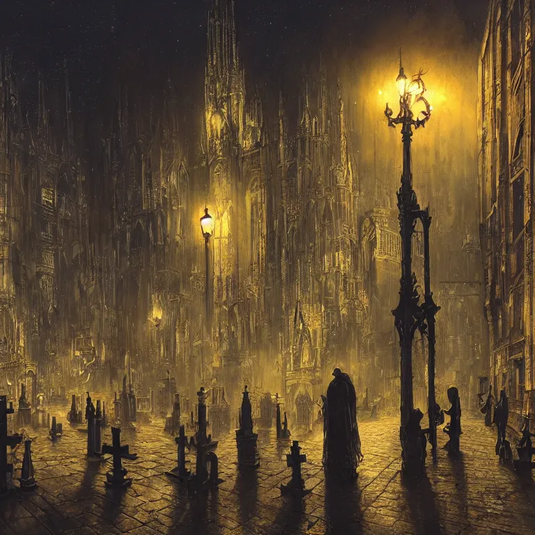 Prompt: few people waiting in a bus stop in dark city night, intricate detailed Gothic Architecture Surrounded by a Cemetery of Grave Stones and Ghosts james gurney, dan luvisi, Petros Afshar, tim hildebrandt, liam wong, Mark Riddick, thomas kinkade, ernst haeckel, dan mumford, trending on artstation, josephine wall, WLOP .cgsociety by Gediminas Pranckevicius, trending on cgsociety and DeviantArt