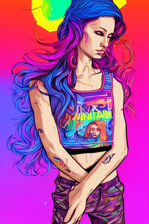 Image similar to a award winning half body portrait of a beautiful woman with stunning eyes in a printed croptop and cargo pants with rainbow colored ombre hairstyle head in motion and hair flying by josan gonzales, outrun, vaporware, shaded flat illustration, digital art, trending on artstation, highly detailed, fine detail, intricate